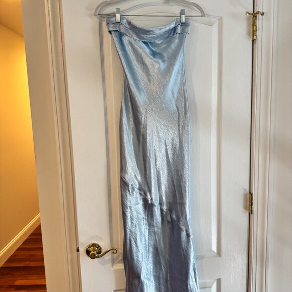 Lucy in the Sky Strapless Satin Open Back Maxi Dress in Light Blue - Picture 2 of 3